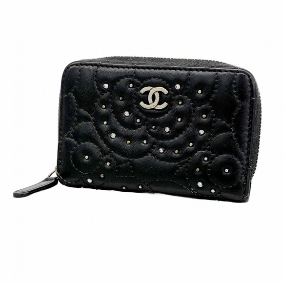Chanel Wallet/Coin Case Camellia Lambskin Black Gold Women's - Picture 1 of 7
